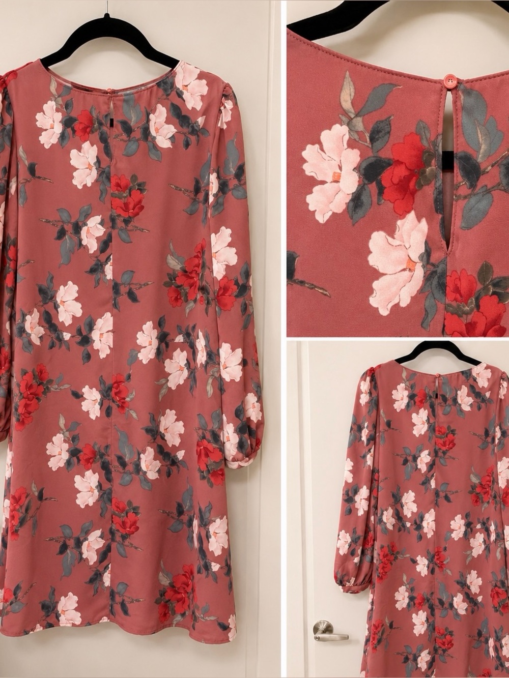 Lulu's Dusty Rose Floral Shift Dress with Red & Blush Blooms